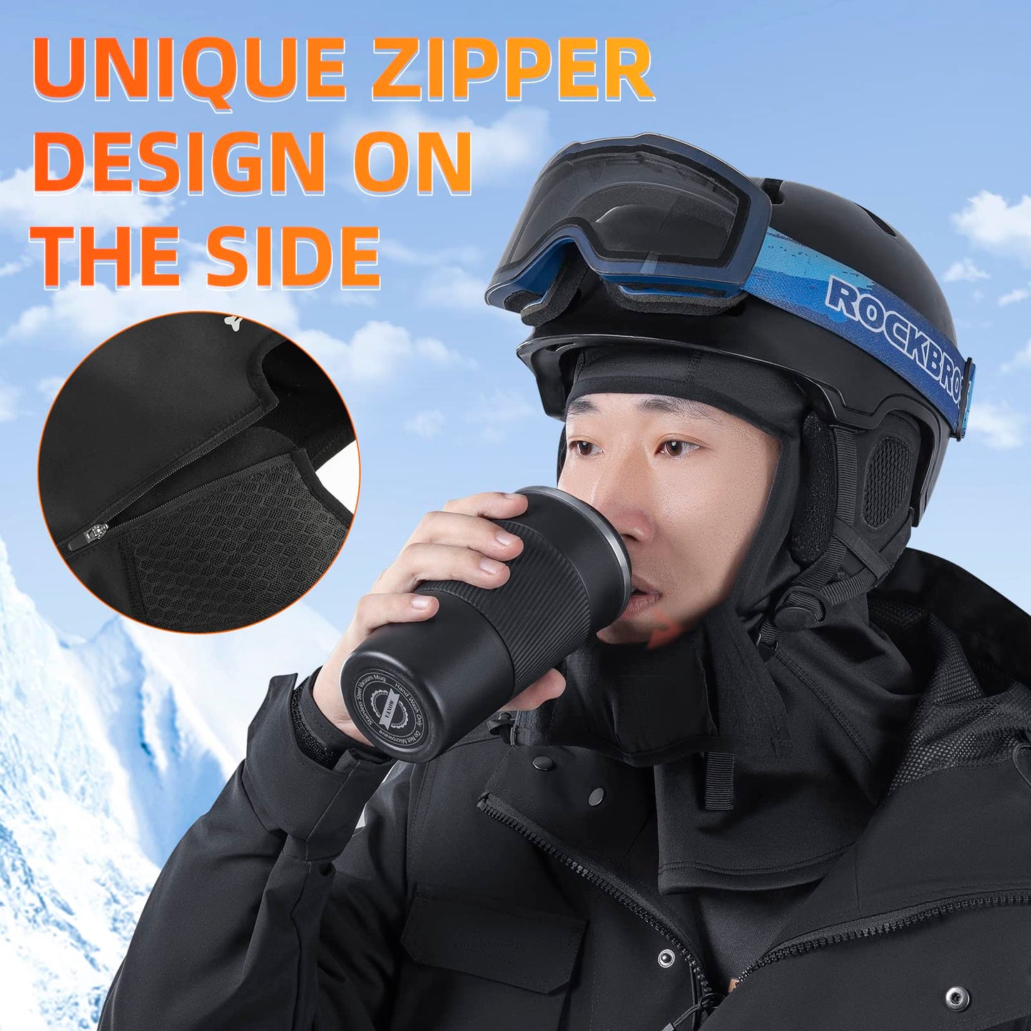 ROCKBROS Balaclava Ski Mask with Zipper Waterproof Winter Fleece Hood Black