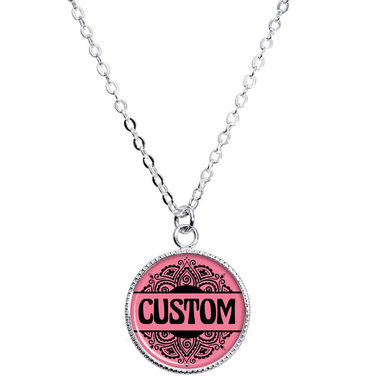 Custom Pink Mandala Personalized Name Silver Plated Chain Necklace