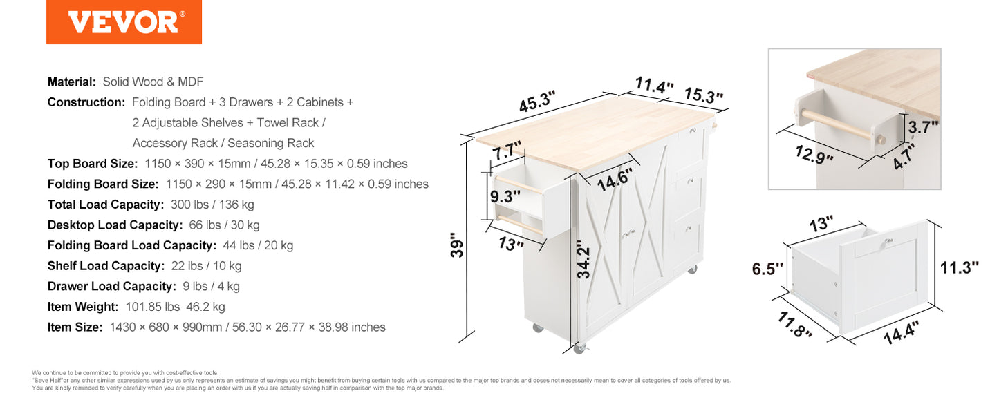 Vevor Valkyrie Kitchen Cart — 2-Door, 3-Drawer Mobile Island of Steel & Style | Rubberwood Top Rolling Bar Fortress for Hardcore Homes
