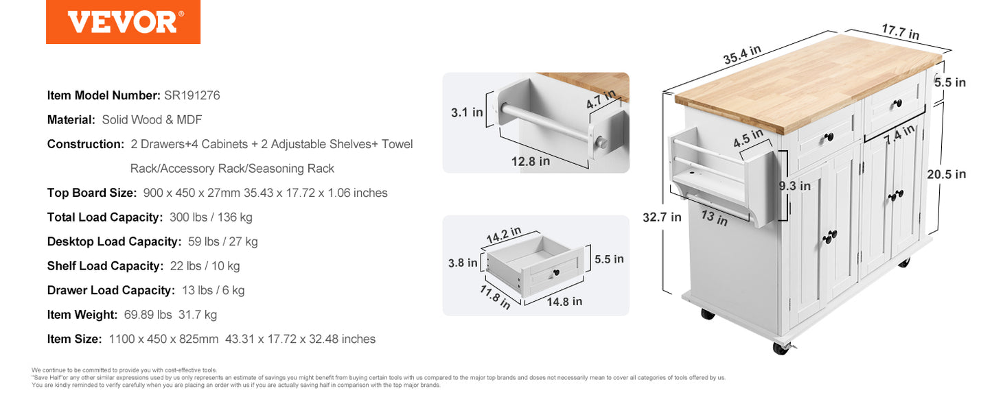 Vevor Valkyrie Kitchen Cart — 2-Door, 3-Drawer Mobile Island of Steel & Style | Rubberwood Top Rolling Bar Fortress for Hardcore Homes