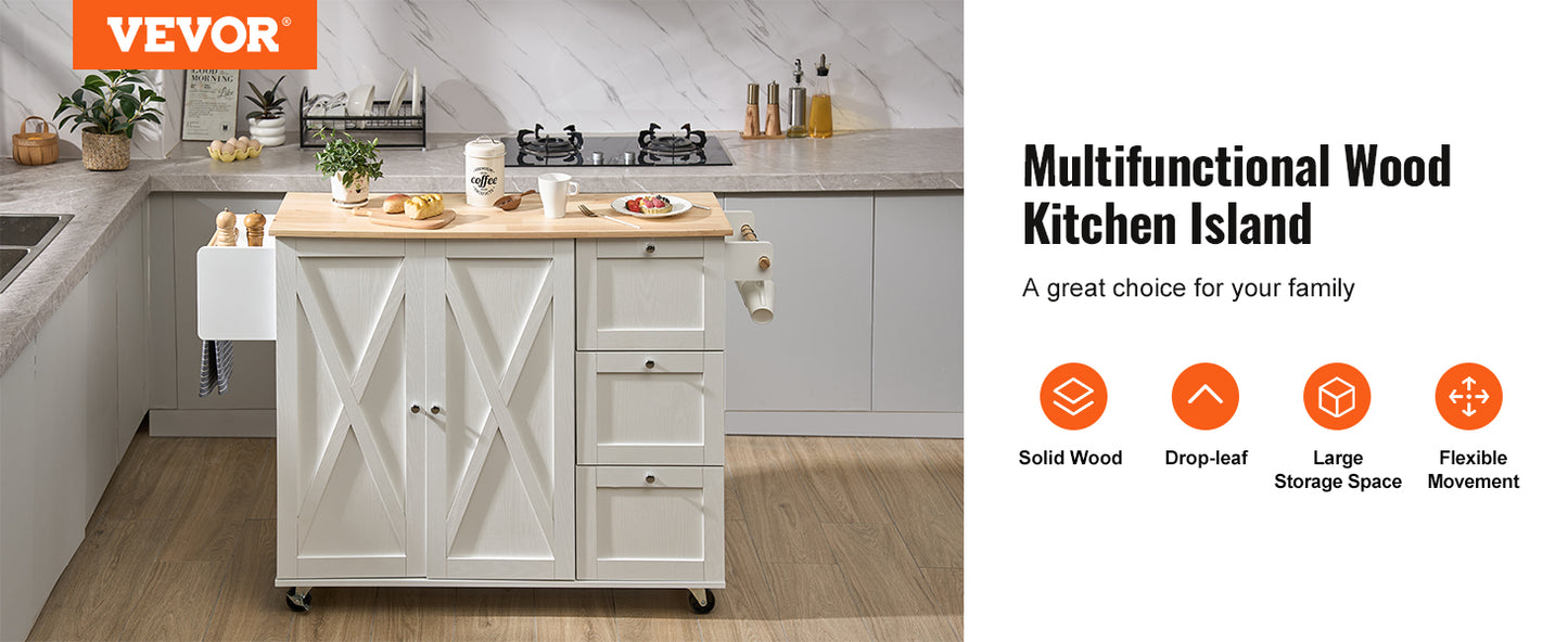 Vevor Valkyrie Kitchen Cart — 2-Door, 3-Drawer Mobile Island of Steel & Style | Rubberwood Top Rolling Bar Fortress for Hardcore Homes