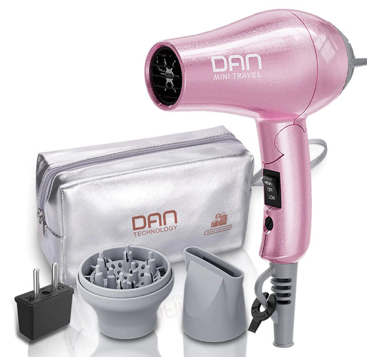 DAN Technology Travel Dual Voltage Mini Blow Dryer with ConcentratorSmall Hair Dryer with DiffuserEuropean Hair Dryer with European PlugPink Blow Dryer for Women