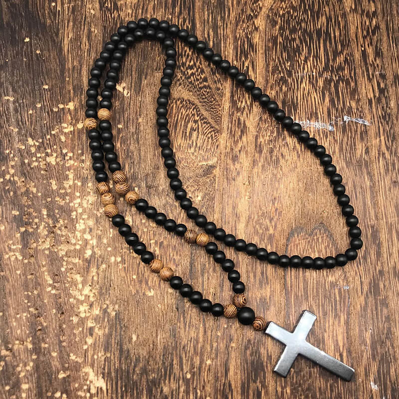 Latin Cross Stone Bead Biker Rosary Necklace
