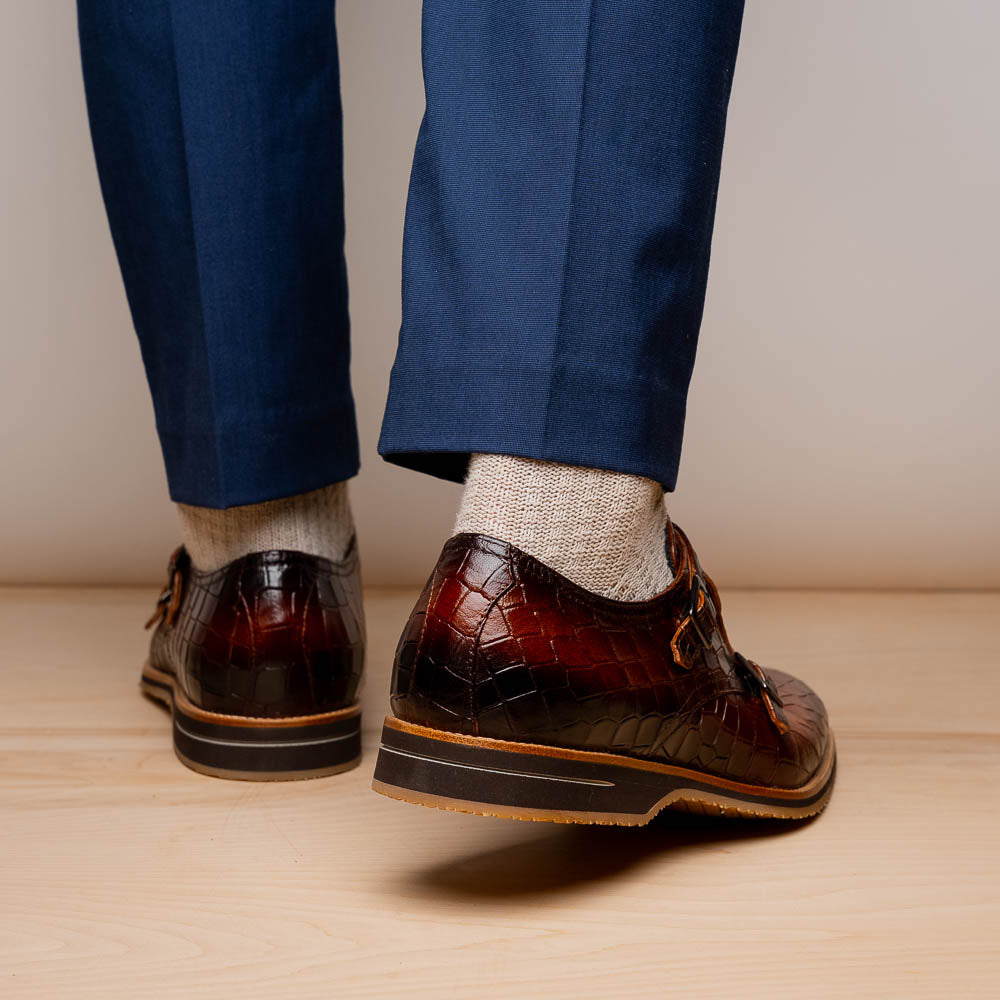 55-112-CGN LEGERRA Hand Burnished Crocodile Print Monkstrap Cognac