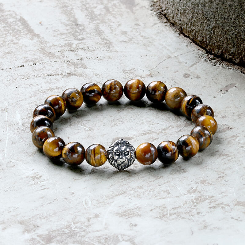 Lion Head Agate Stone Stainless Steel Bead Bracelet