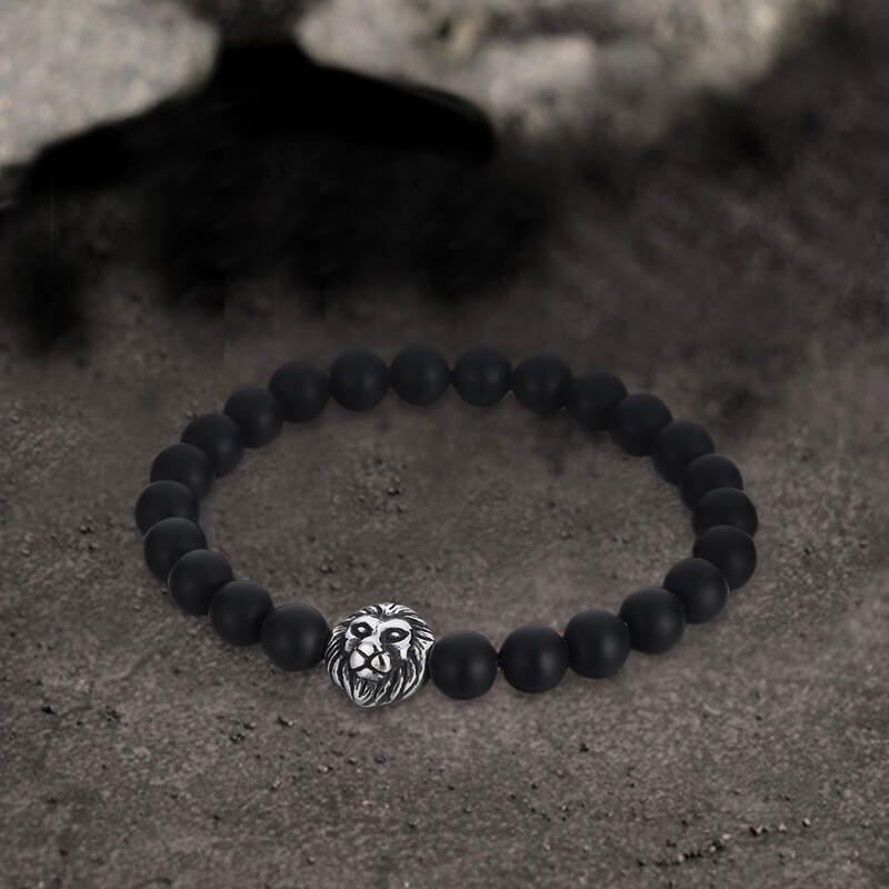 Lion Head Agate Stone Stainless Steel Bead Bracelet