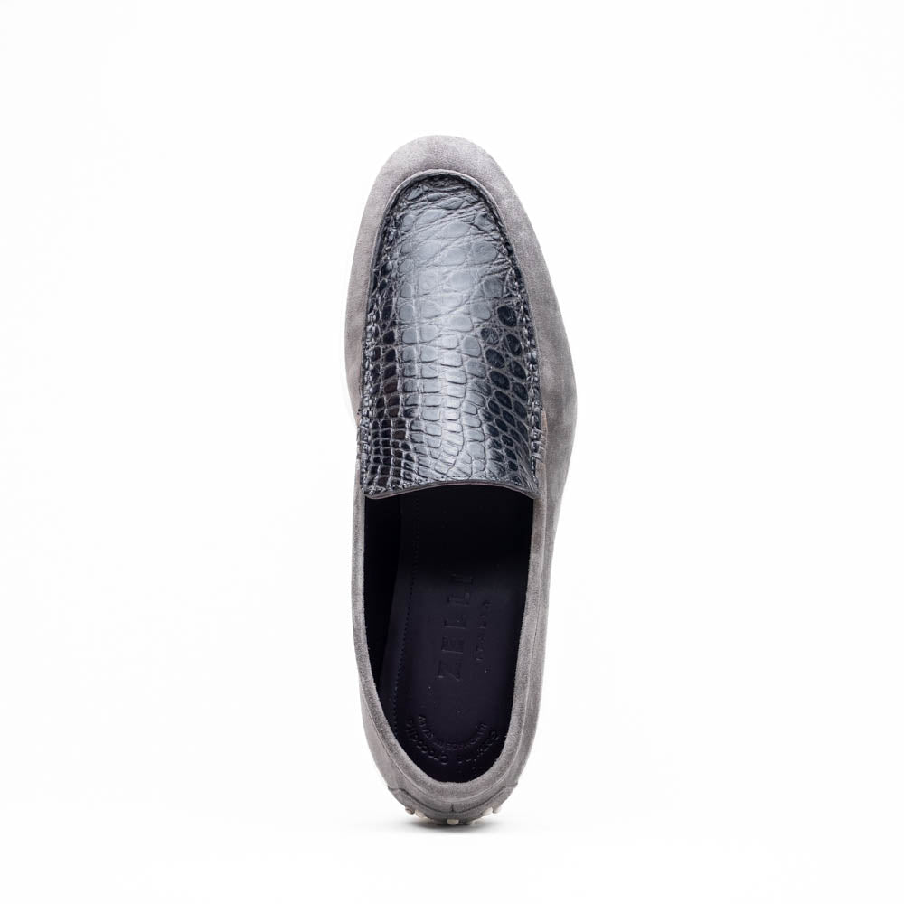 11-603-GRY BENE Sueded Italian Goatskin & Crocodile Loafer Grey