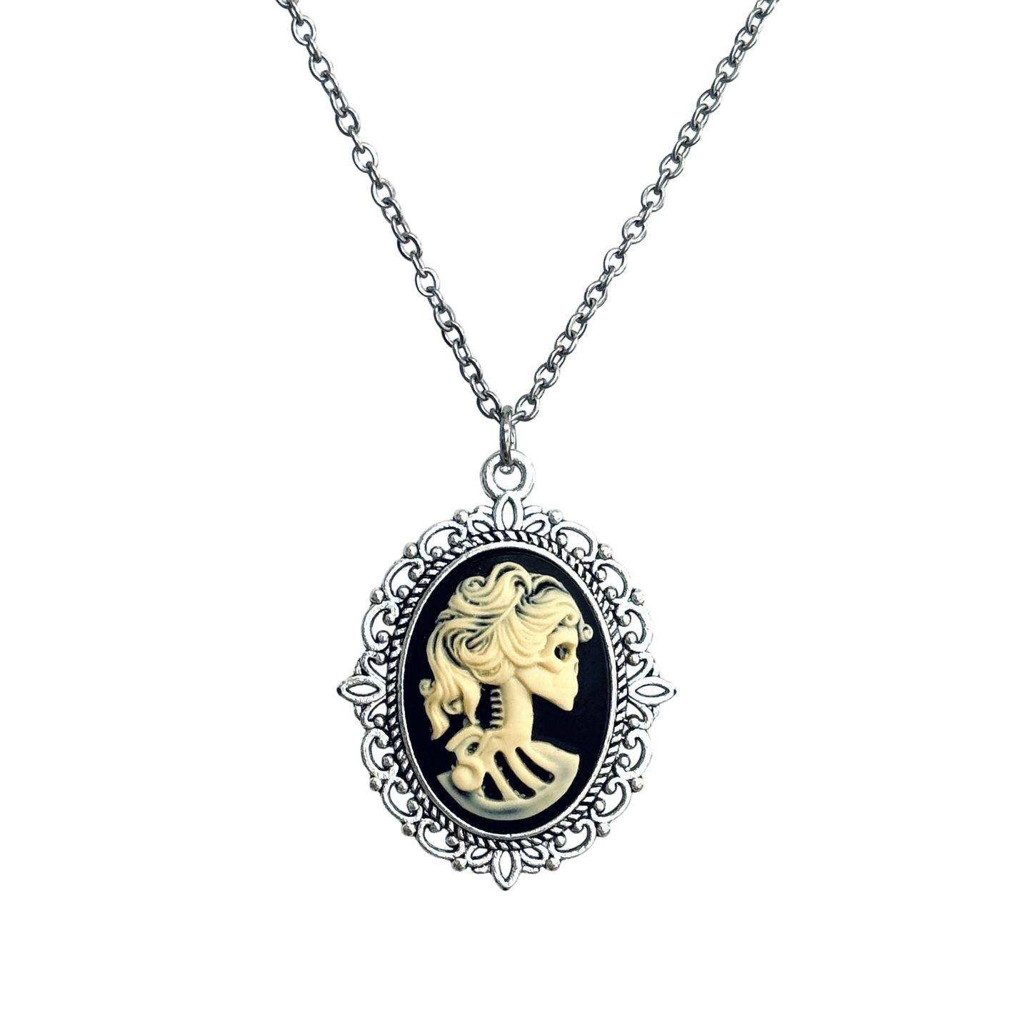 Gothic Lolita cameo pendant necklace crow skeleton black cat