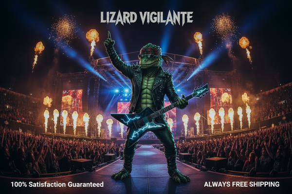 lose the bandana , give him aviators, Make it say LIZARD VIGILANTE at the top,  ALWAYS FREE SHIPPING at the bottom right and 100% Satisfaction Guaranteed at bottom and to the bottom left