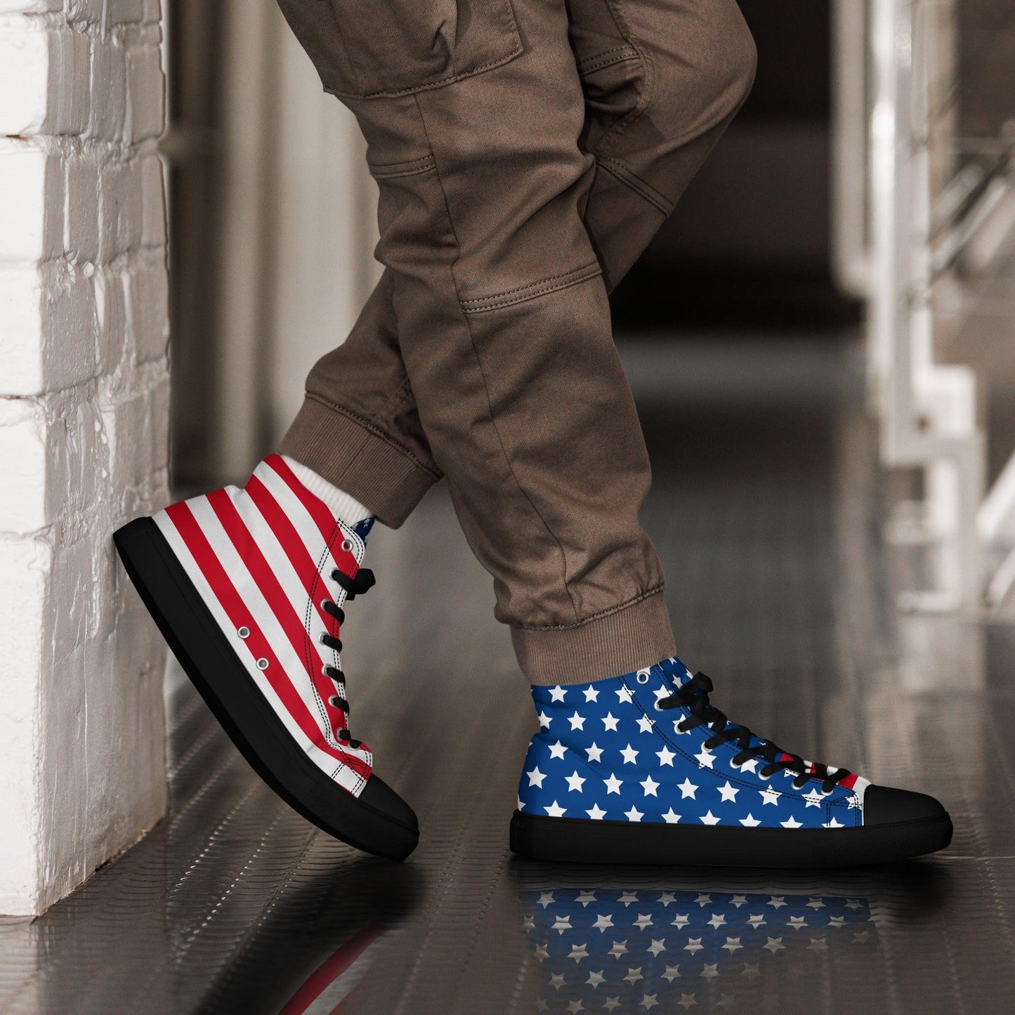 Black Sole American Flag Men’s high top canvas shoes - Lizard Vigilante