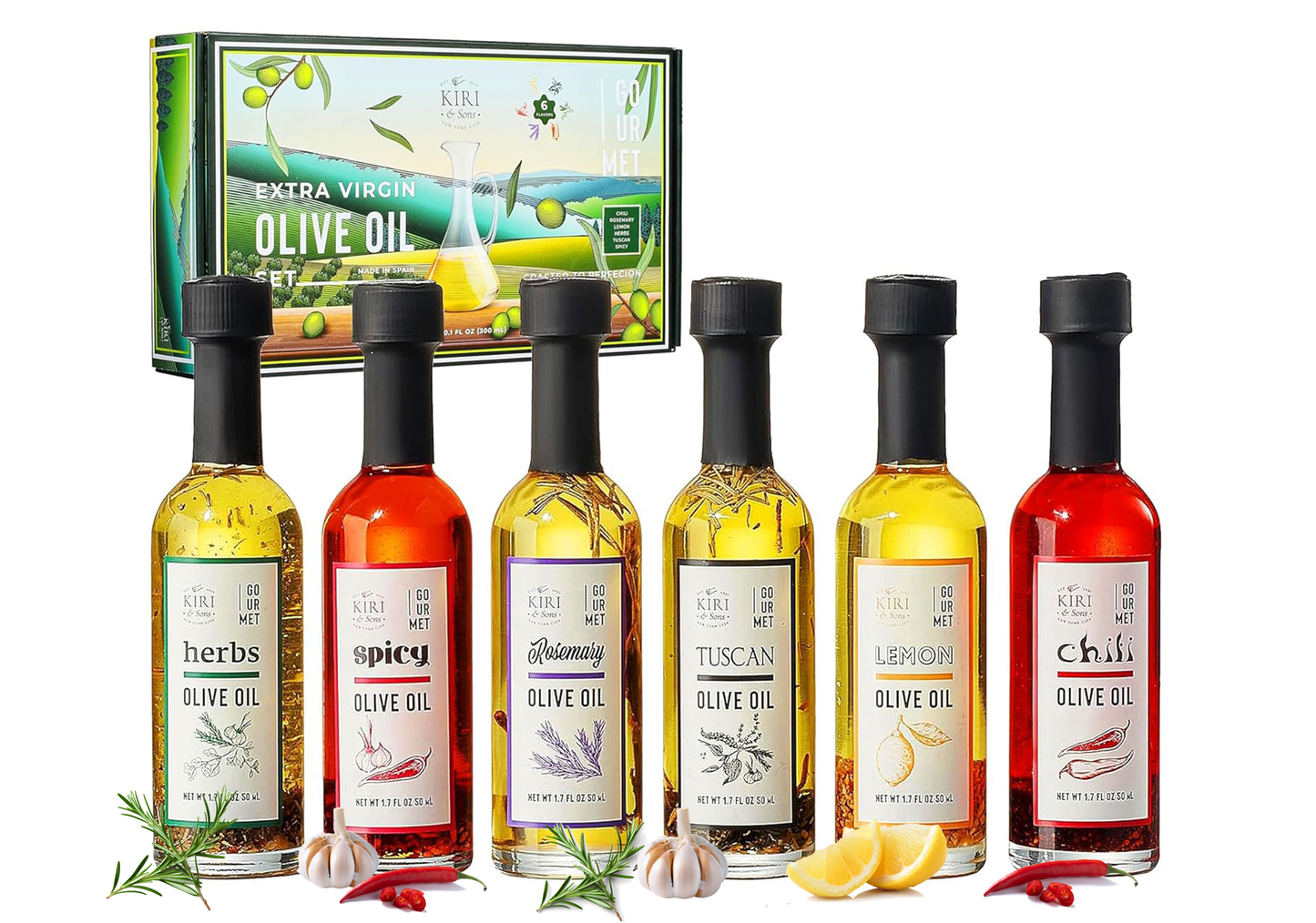 Olive Oil Gourmet Sampler Gift Set of 6 - Premium Extra-Virgin Blend Olive Oil Made In Spain, Natural Flavors Include Herbs, Chili, Spice, Rosemary, Tuscan & Lemon - Gifts for Her, Him