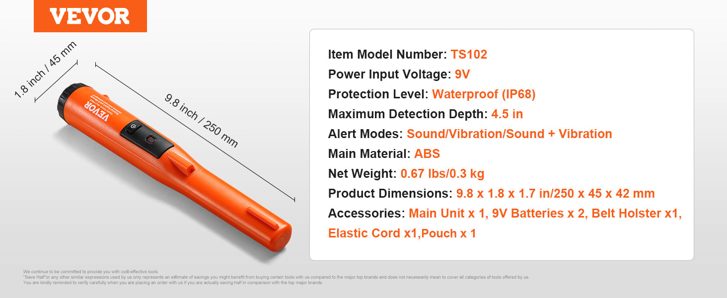 VEVOR Metal Detector Pinpointer - Waterproof Handheld Wand with 1.96"/4.5" Detection Depth & 3 Modes - Premium metal detector from Lizard Vigilante - Just $52.99! Shop now at Lizard Vigilante