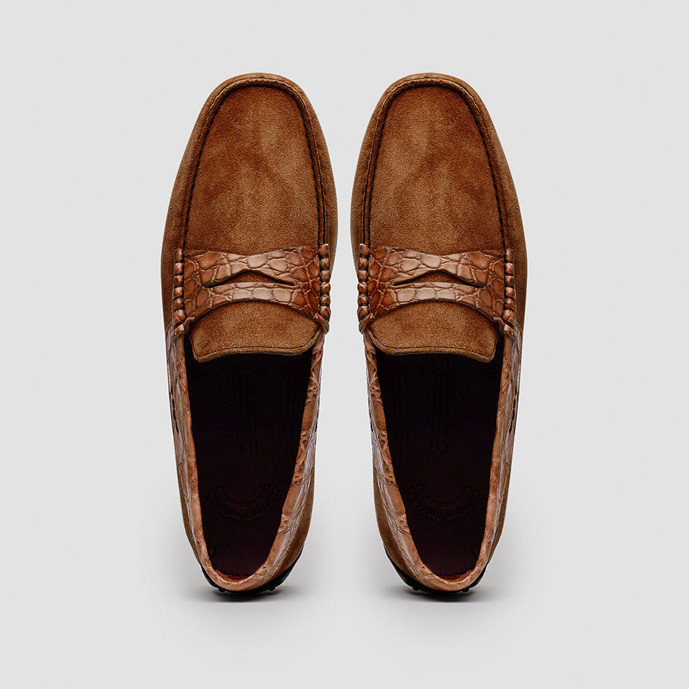 31-160-CGN MONZA Sueded Calfskin with Crocodile Driver, Cognac