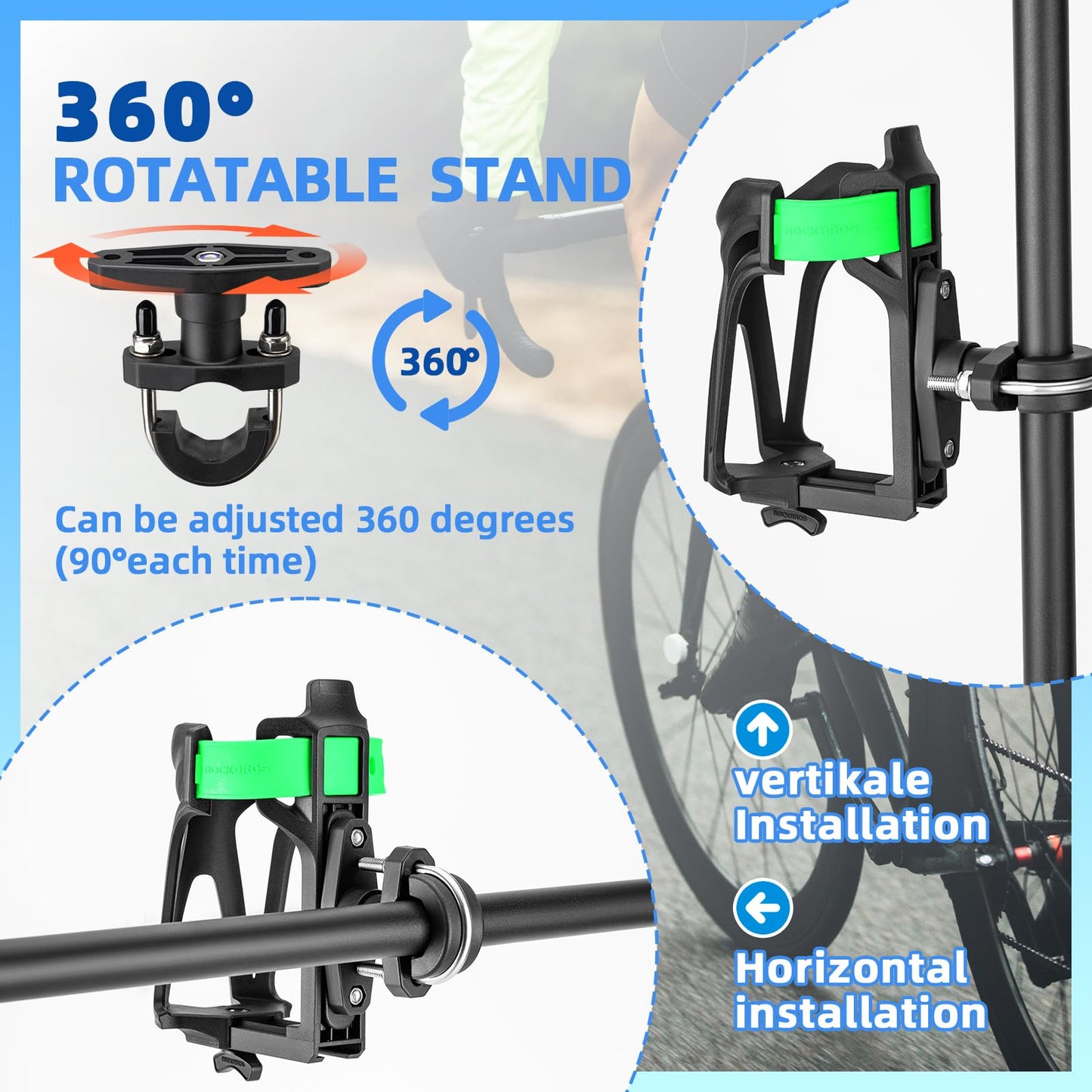 ROCKBROS Adjustable Water Bottle Holder for 2.3-3" Bottles, Bike & Motorcycle Mount