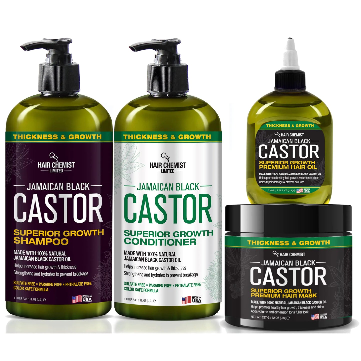 Hair Chemist Superior Growth Jamaican Black Castor Shampoo Hair Care Collection 4PC SET - Includes 33.8oz Shampoo 33.8oz Conditioner 12oz Hair Mask & 7oz Hair Oil