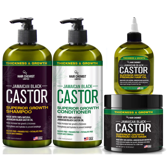 Hair Chemist Superior Growth Jamaican Black Castor Shampoo Hair Care Collection 4PC SET - Includes 33.8oz Shampoo 33.8oz Conditioner 12oz Hair Mask & 7oz Hair Oil