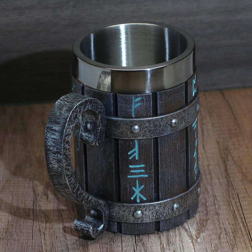 Viking Runes 'Wooden' 20 ounce Stainless Steel Tankard Mug