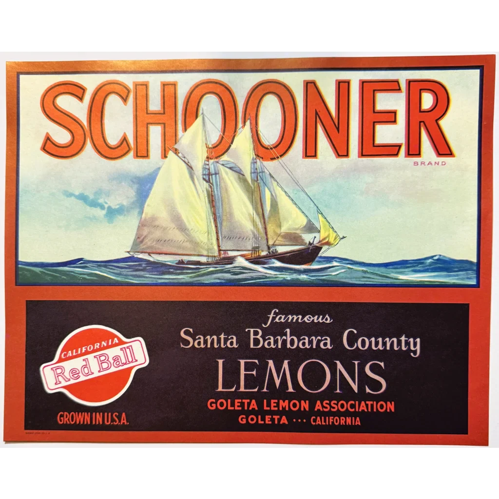 Nautical 1930s Schooners Lemons Crate Label from Santa Barbara