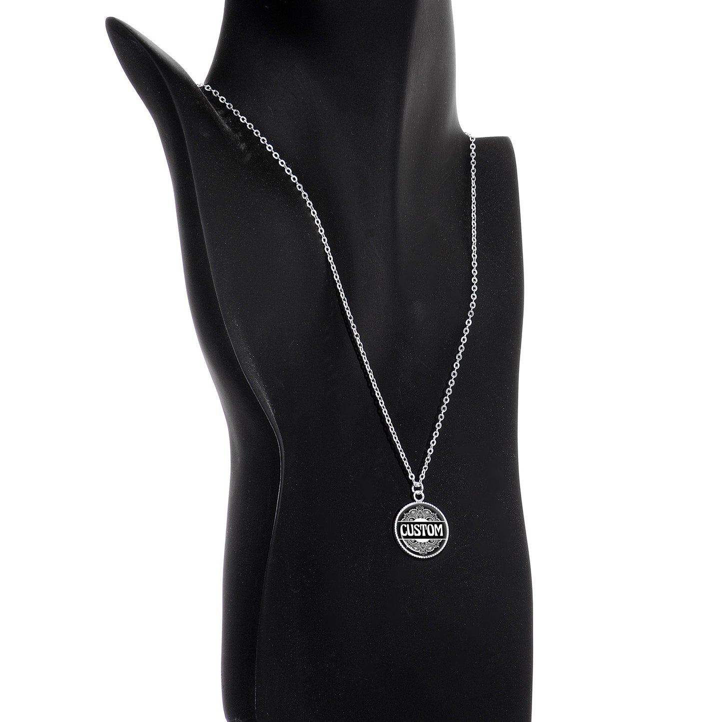 Custom Black Mandala Personalized Name Silver Plated Chain Necklace