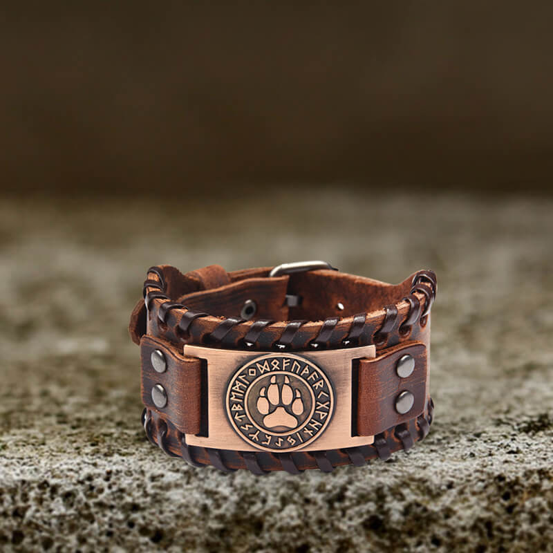 Nordic Wolf Paw Runes Leather Viking Bracelet