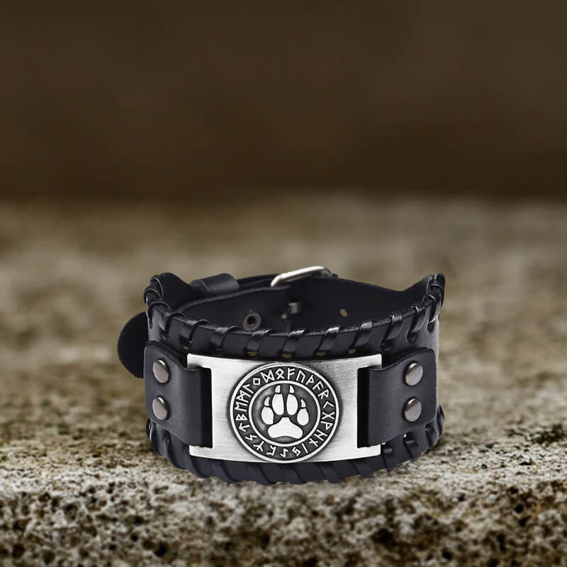 Nordic Wolf Paw Runes Leather Viking Bracelet