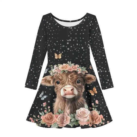 Guosanchn Highland Cow Dresses for Toddle Girls Rose Dresses Long Sleeve Crew Neck Sundresses Kids 3T-4T A Line Swing Twirly Skater Tunic Dresses Pullover T Shirt Dresses Fall Clothes