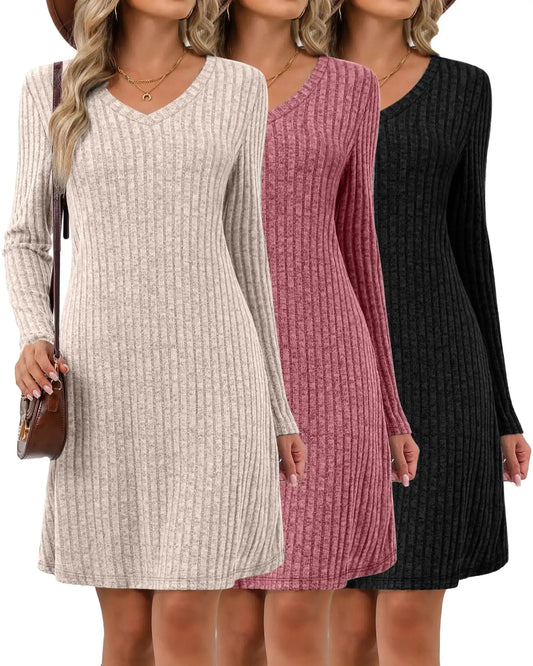 Riyiper 3 Pack Womens Long Sleeve Dresses Knit V Neck Fall Winter Dresses Causal Loose Fit Sweater Tunic Dresses(Beige Wine Red BlackXX-Large)