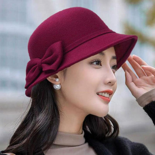One Size Women's Hat Bow-knot Woolen Fedoras Women's Autumn Winter Hat Solid Color Wide Brim Hat Elegant Fedora Hat Fashion Ladies Vintage Luxury Hat Warm Autumn Soft Hat for Ladies