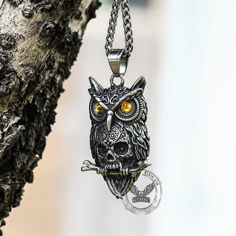 Owl Stainless Steel Gemstone Skull Pendant