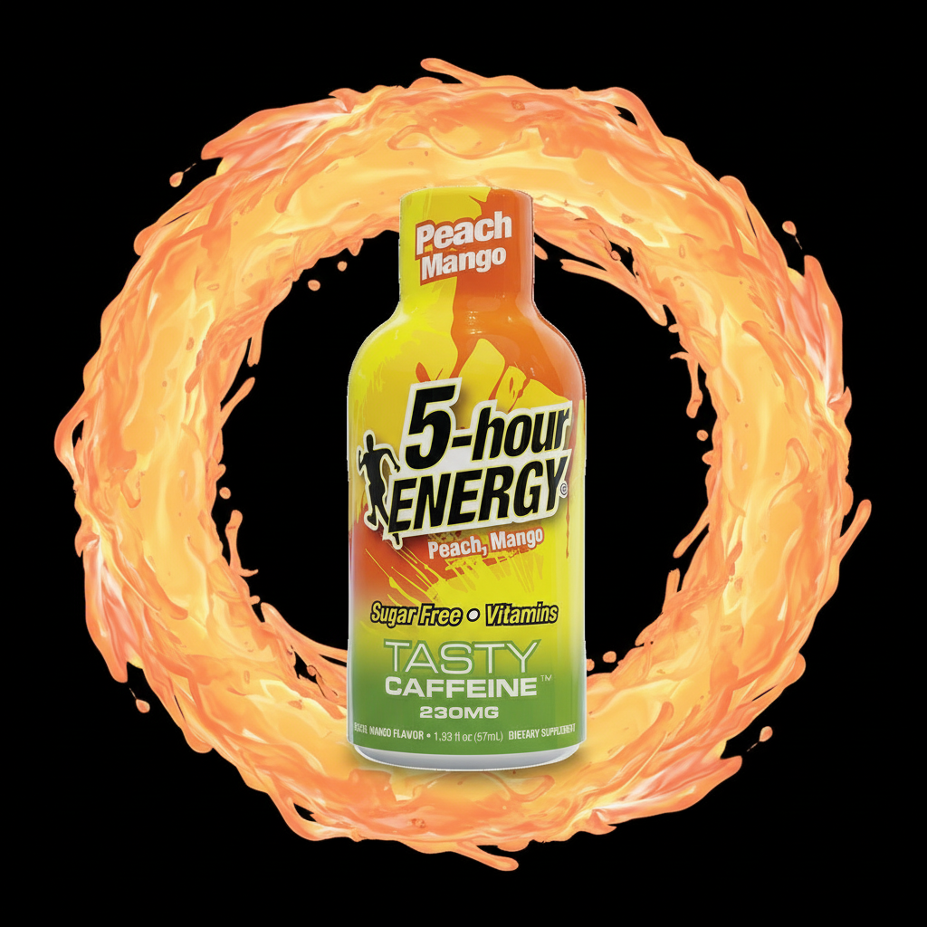 5-hour ENERGY Shot in Peach Mango flavor on a white background