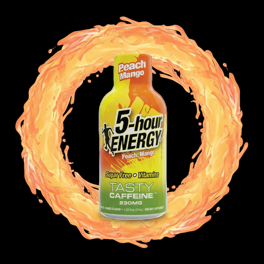 5-hour ENERGY Shot in Peach Mango flavor on a white background