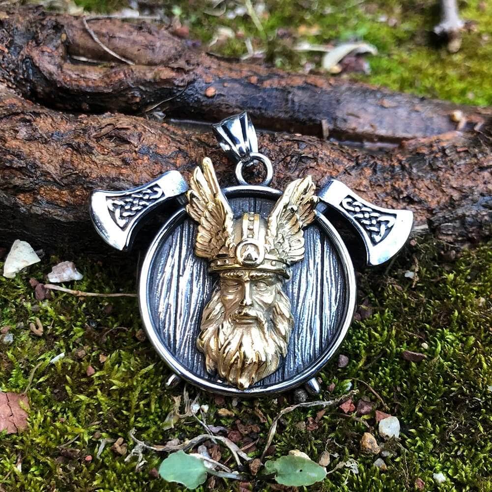 Vikings Odin and Axe Stainless Steel Necklace