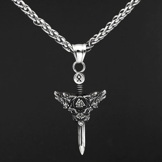 Vikings Sword Valknut and Rune Stainless Steel Necklace
