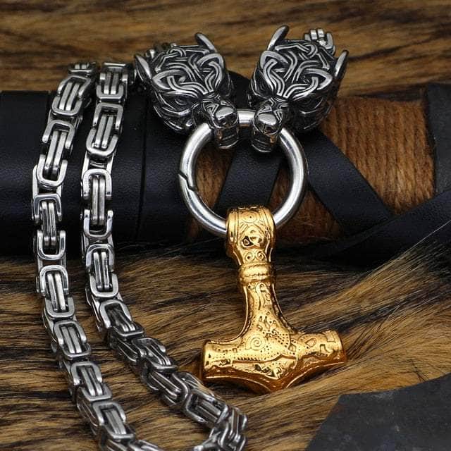 Vikings Wolf Head and Mjolnir Stainless Steel Necklace