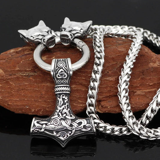 Vikings Wolf Head Mjolnir Stainless Steel Necklace
