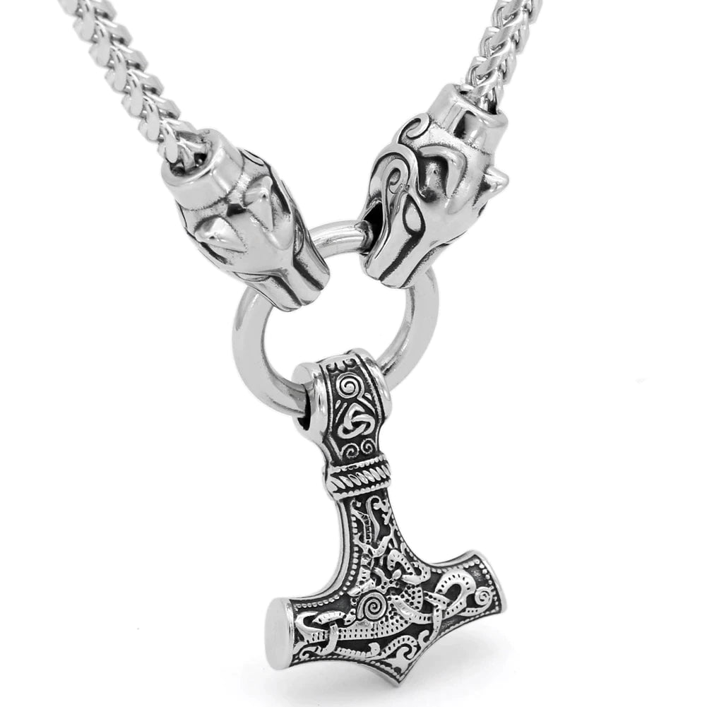 Vikings Wolf Head Mjolnir Stainless Steel Necklace