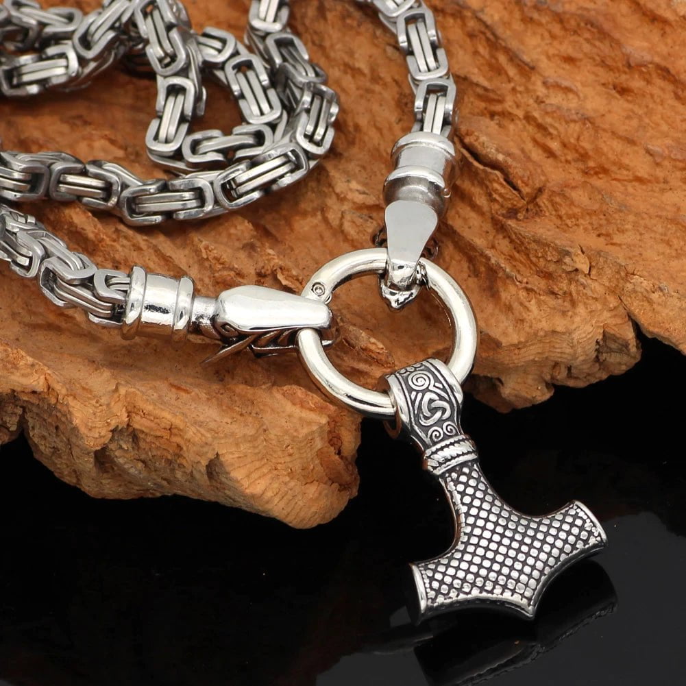 Vikings Mjolnir in Wolf Head Stainless Steel Necklace