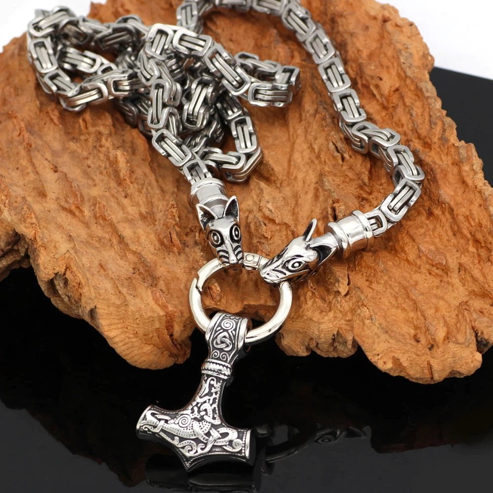 Vikings Mjolnir in Wolf Head Stainless Steel Necklace