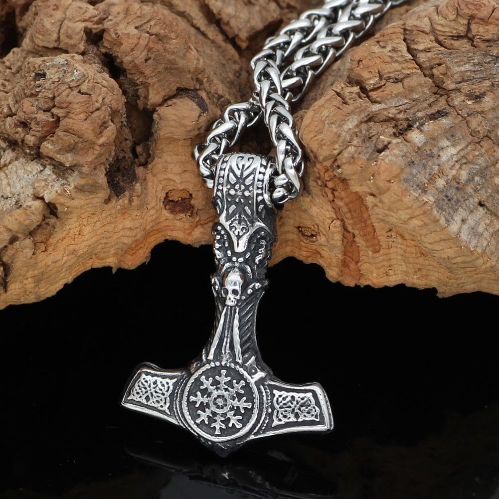 Vikings Skull Mjolnir Stainless Steel Necklace