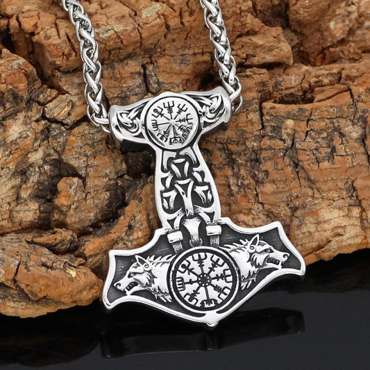 Vikings Vegvisir Mjolnir Geri and Freki Stainless Steel Necklace