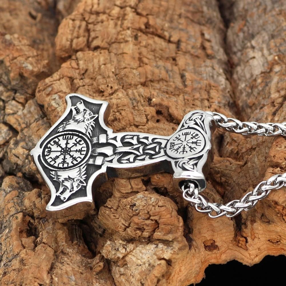 Vikings Vegvisir Mjolnir Geri and Freki Stainless Steel Necklace