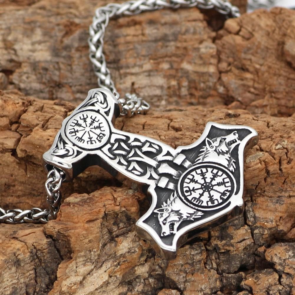 Vikings Vegvisir Mjolnir Geri and Freki Stainless Steel Necklace