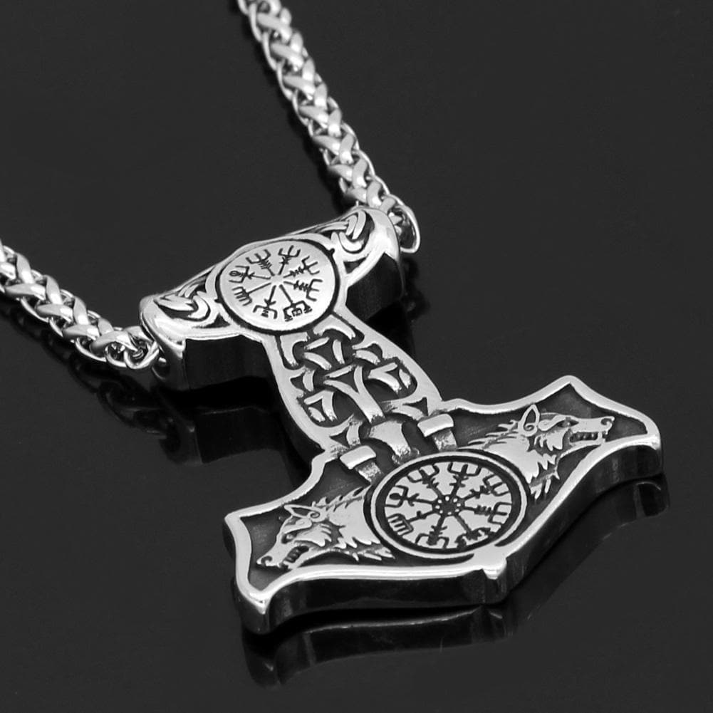 Vikings Vegvisir Mjolnir Geri and Freki Stainless Steel Necklace