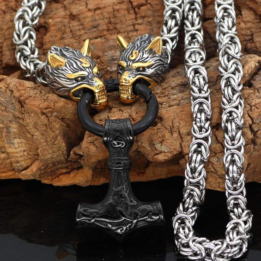 Vikings Wolf Head Mjolnir Stainless Steel Necklace