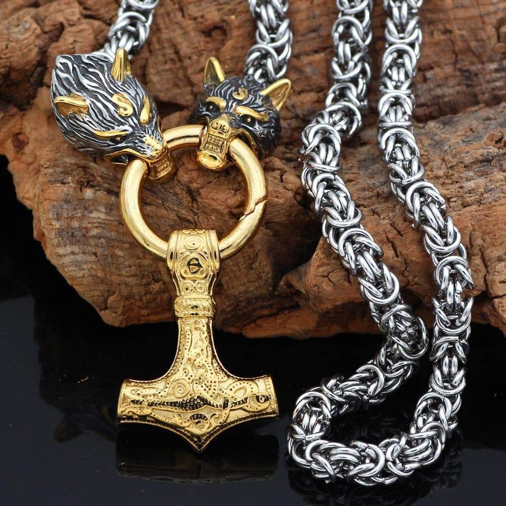Vikings Wolf Head Mjolnir Stainless Steel Necklace