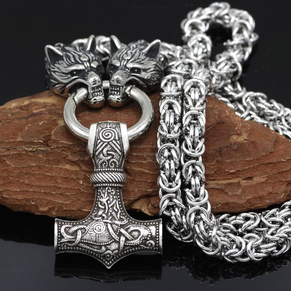 Vikings Wolf Head Mjolnir Stainless Steel Necklace