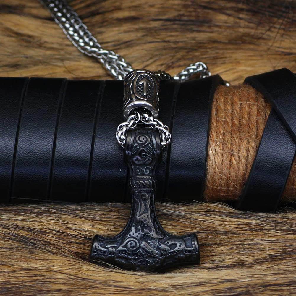 Viking Mjolnir Stainless Steel Necklace with Rune Bead