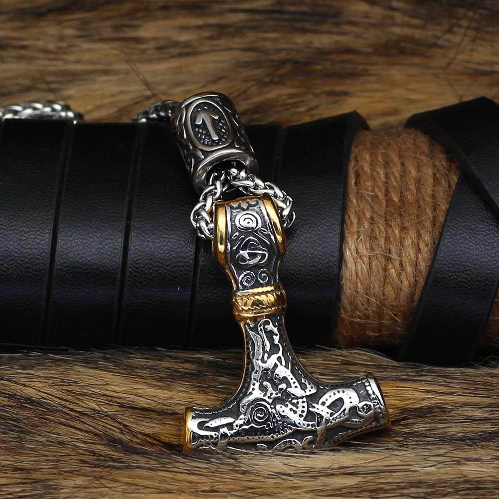 Viking Mjolnir Stainless Steel Necklace with Rune Bead