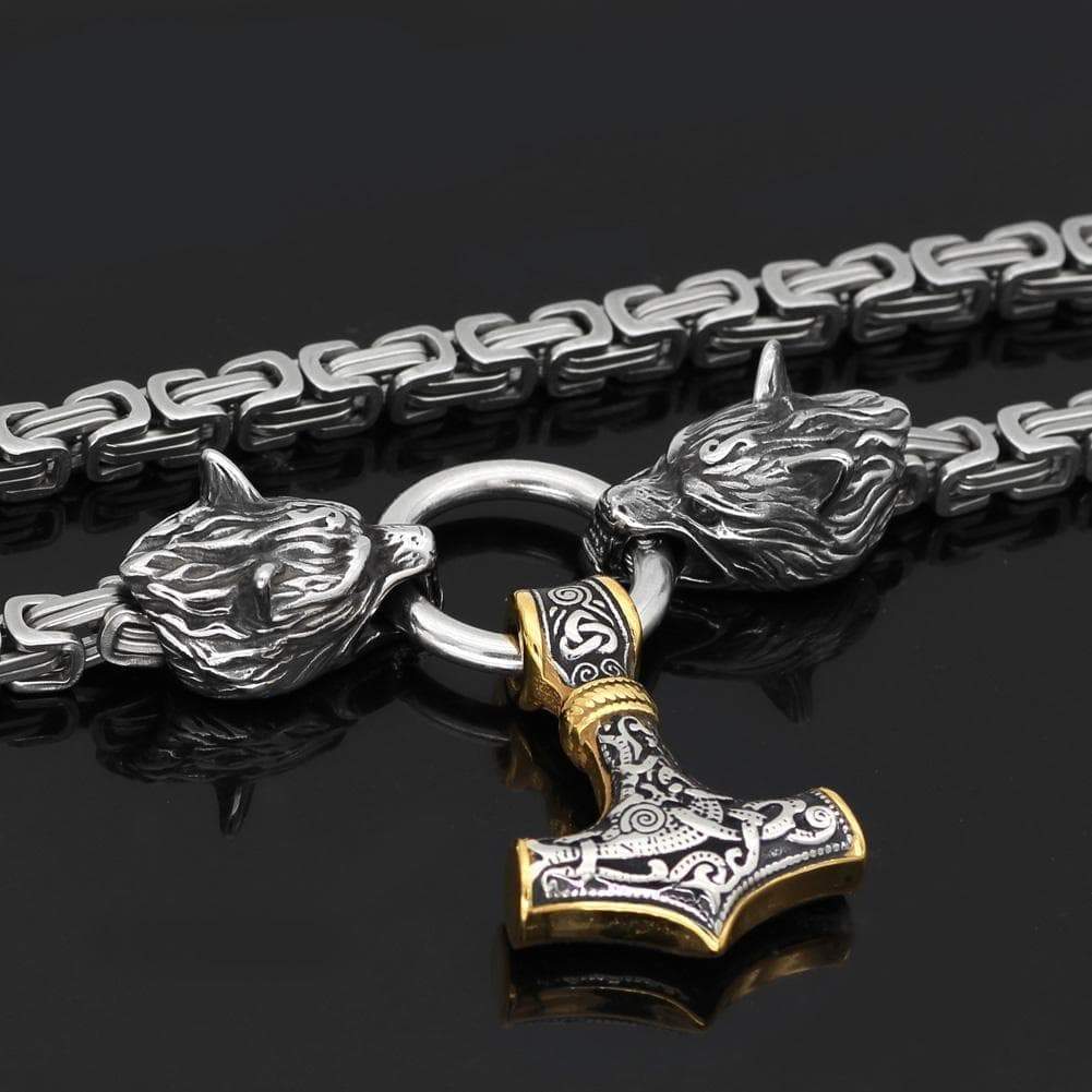 Vikings Wolf Mjolnir Stainless Steel King Chain Necklace