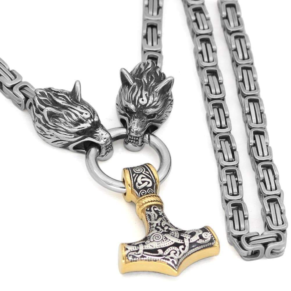 Vikings Wolf Mjolnir Stainless Steel King Chain Necklace